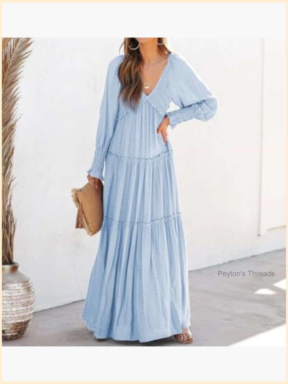 Maxi Dress Long Sleeve V Neck Empire Waist Ruffle Boho Casual Flowy - Picture 4 of 7